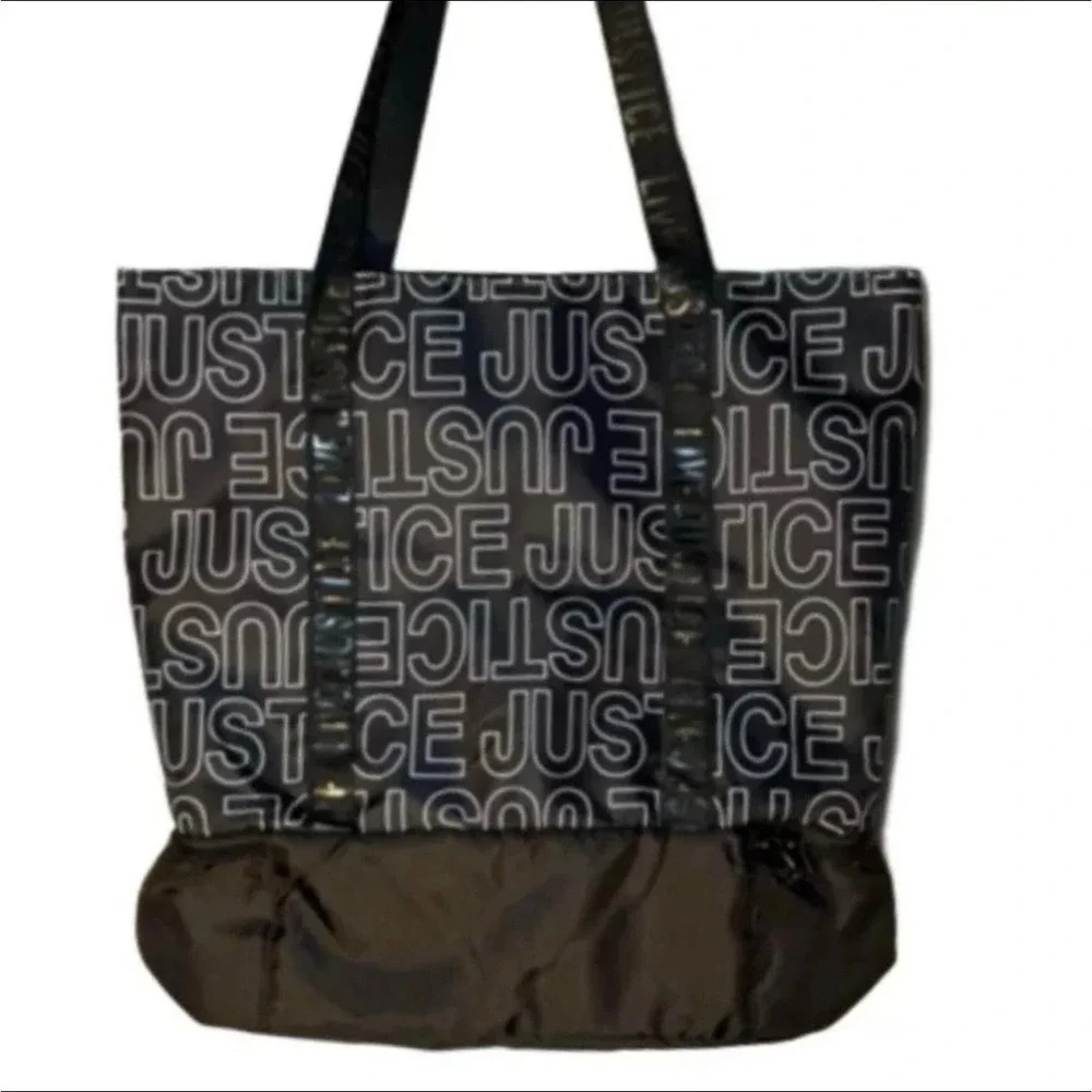 New Justice Tote Bag Black‎ White Logo Print Bottom Zip Compartment Travel Dance